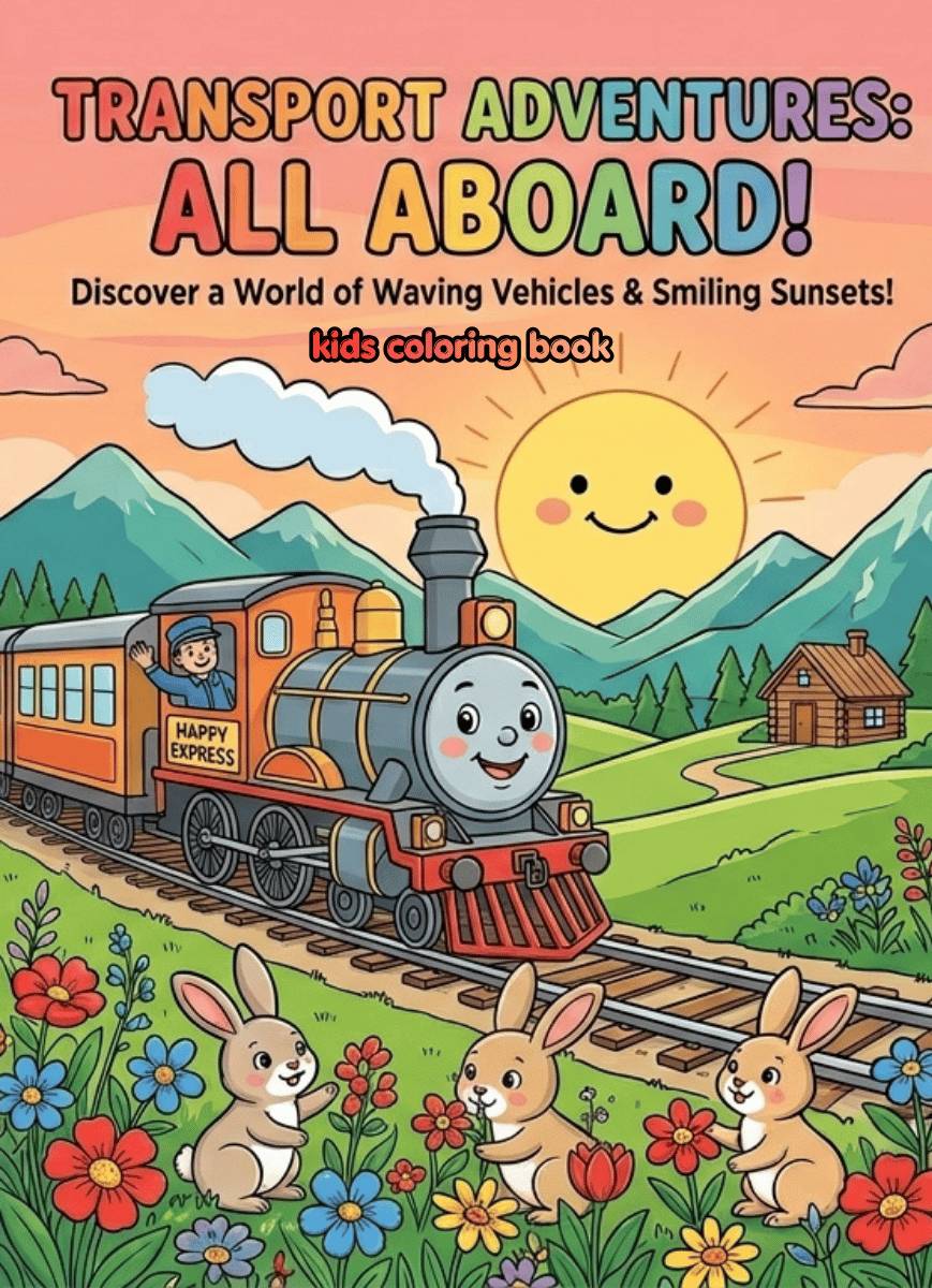 "Transport Adventures kids coloring book featuring cute smiling vehicles including train, bus, motorcycle, and car for preschool activity"