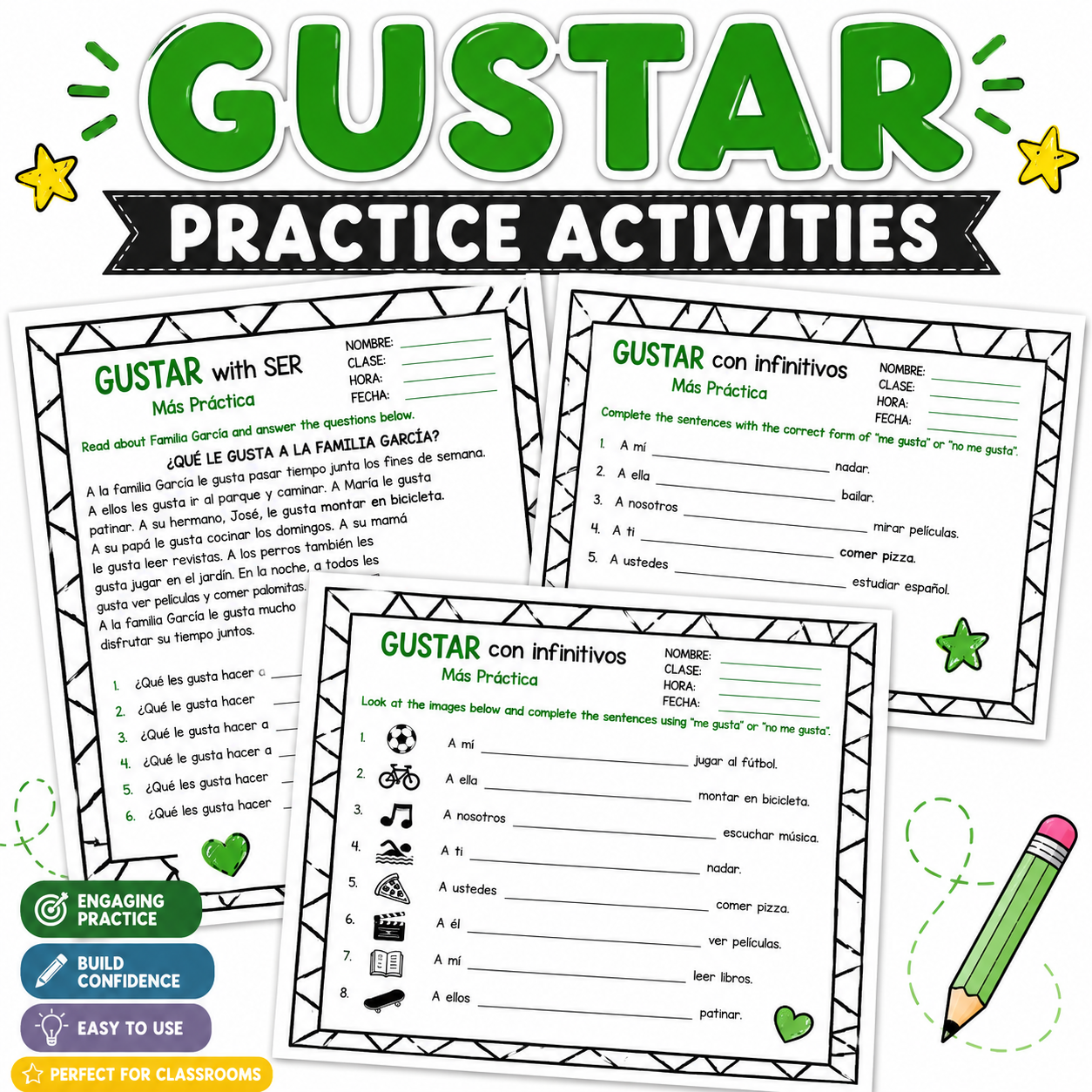 Gustar with Infinitives & Nouns Worksheets | Practice Activities Packet