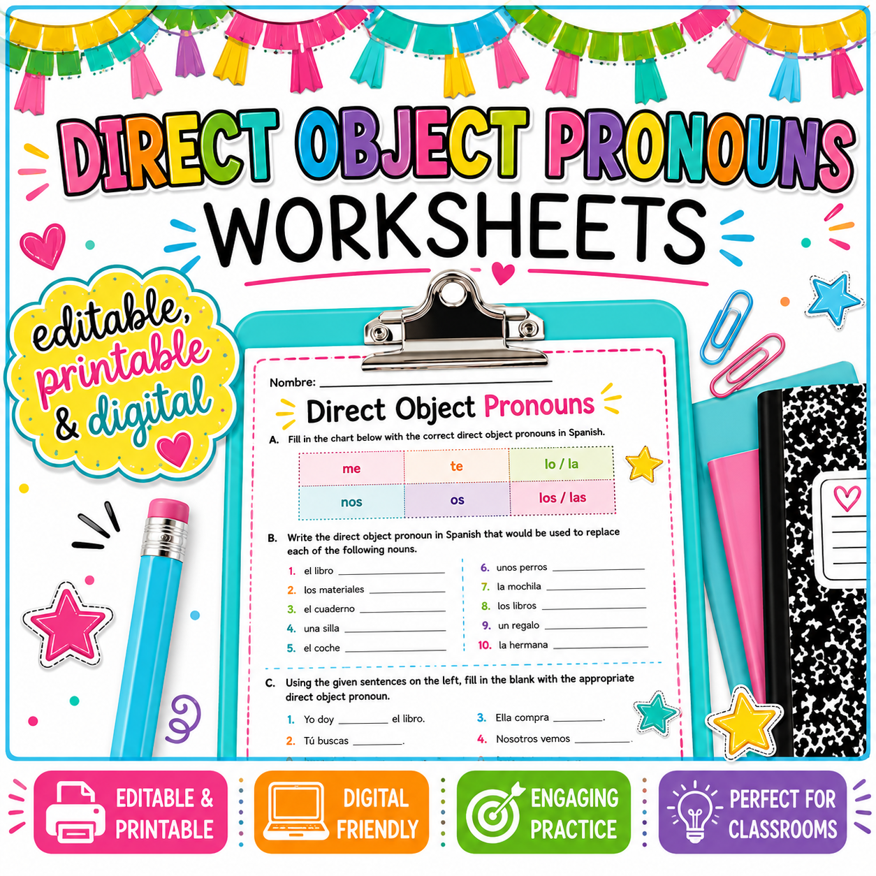 Editable Spanish Direct Object Pronouns Worksheets | Digital, Printable & Sub Plans