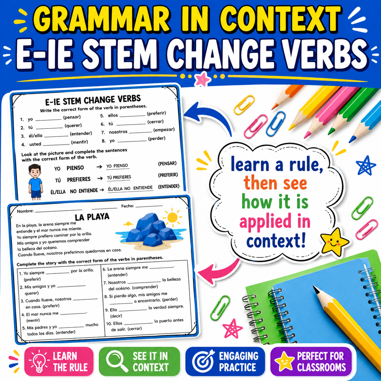 Spanish Stem-Changing E→IE Verbs | Reading & Practice Activities