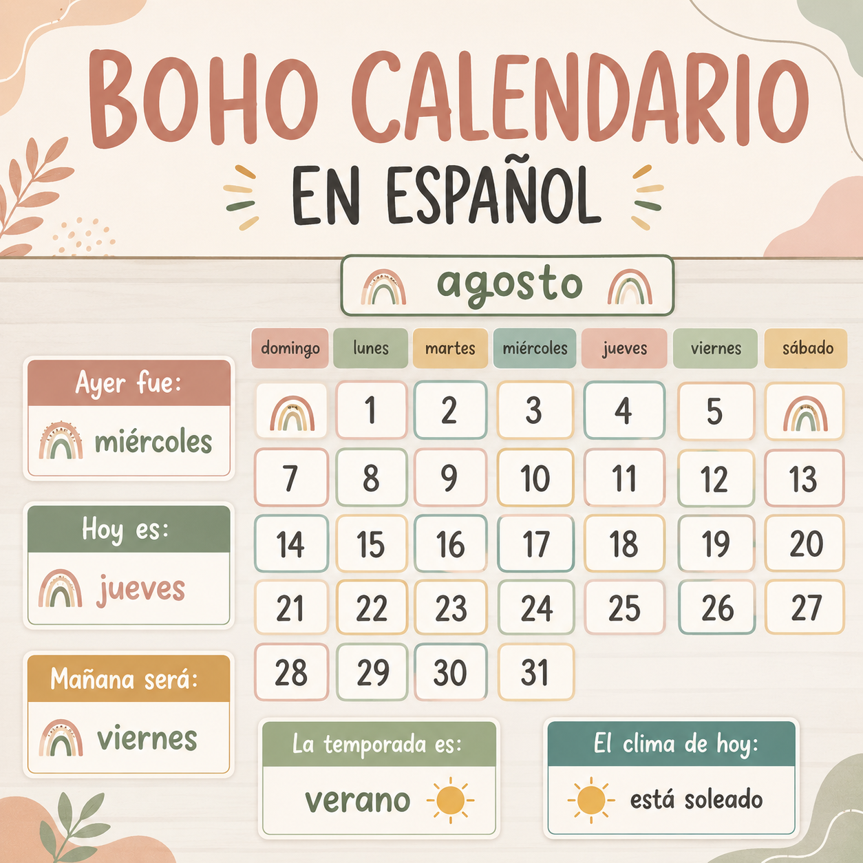 Boho Classroom Calendar in Spanish | Calendario Boho en Español