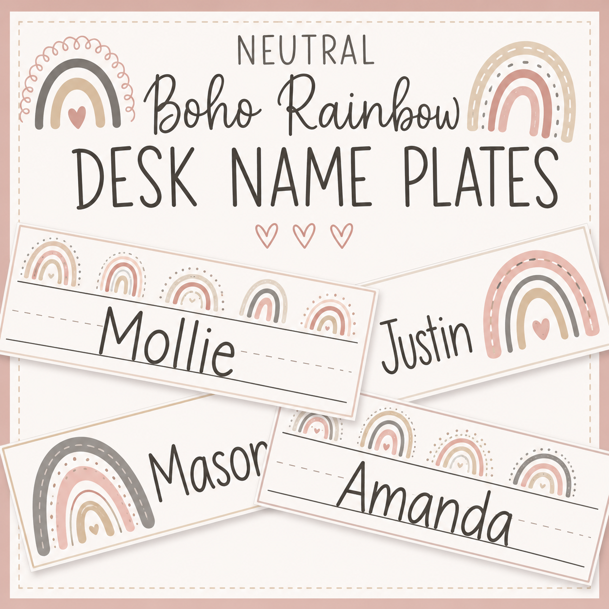 Editable Neutral Boho Rainbow Desk Name Plates | Desk Name Tags