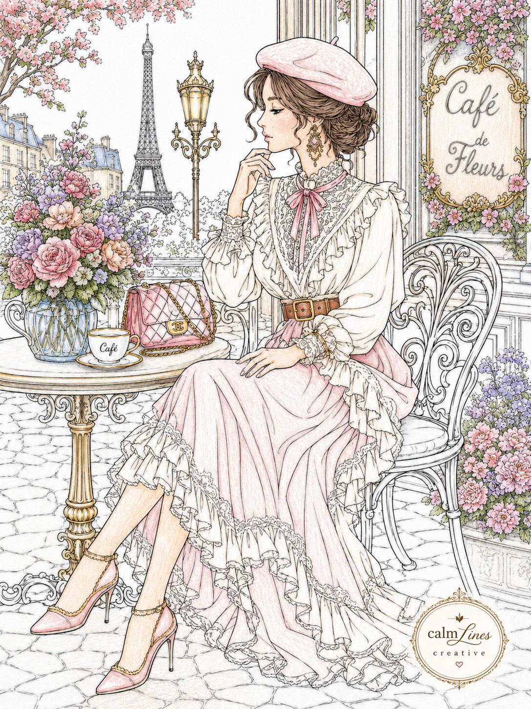 Printable Paris coloring page featuring an elegant woman at a Paris café with flowers and vintage fashion.