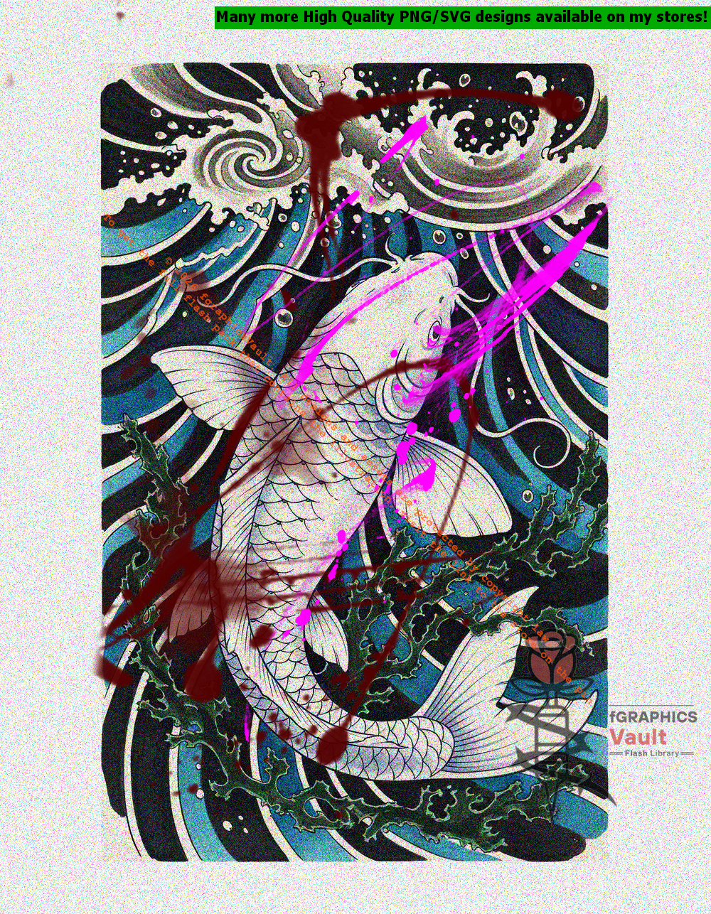 White Koi and Algae Irezumi tattoo flash artwork featuring Japanese koi fish, traditional irezumi composition, and high-resolution tattoo reference design.