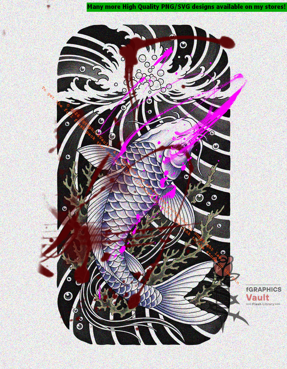 White Koi and Algae Irezumi tattoo flash artwork featuring Japanese koi fish, traditional irezumi composition, and high-resolution tattoo reference design.
