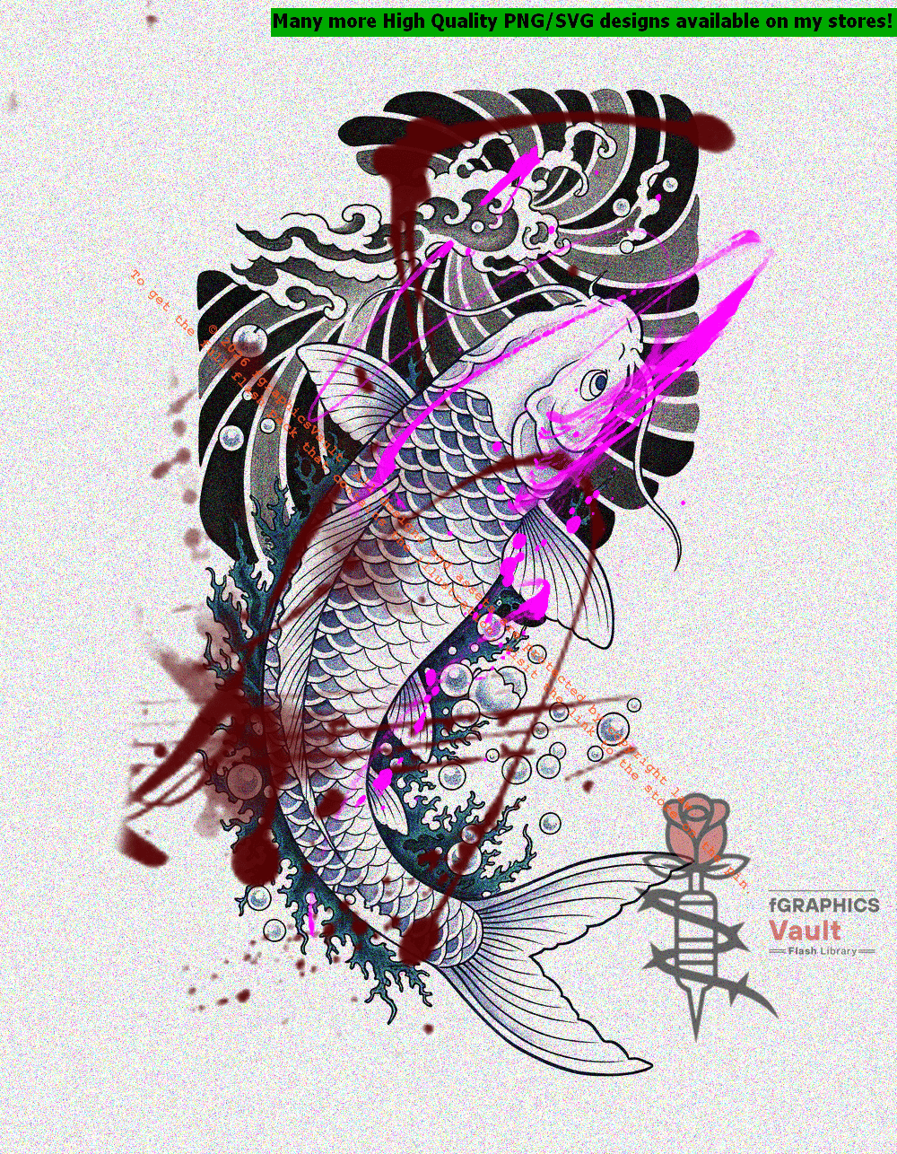 White Koi and Algae Irezumi tattoo flash artwork featuring Japanese koi fish, traditional irezumi composition, and high-resolution tattoo reference design.