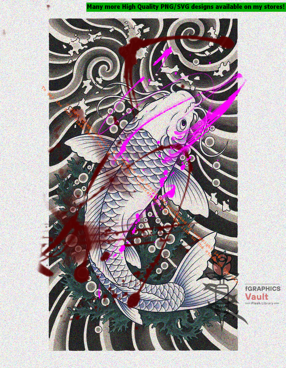 White Koi and Algae Irezumi tattoo flash artwork featuring Japanese koi fish, traditional irezumi composition, and high-resolution tattoo reference design.