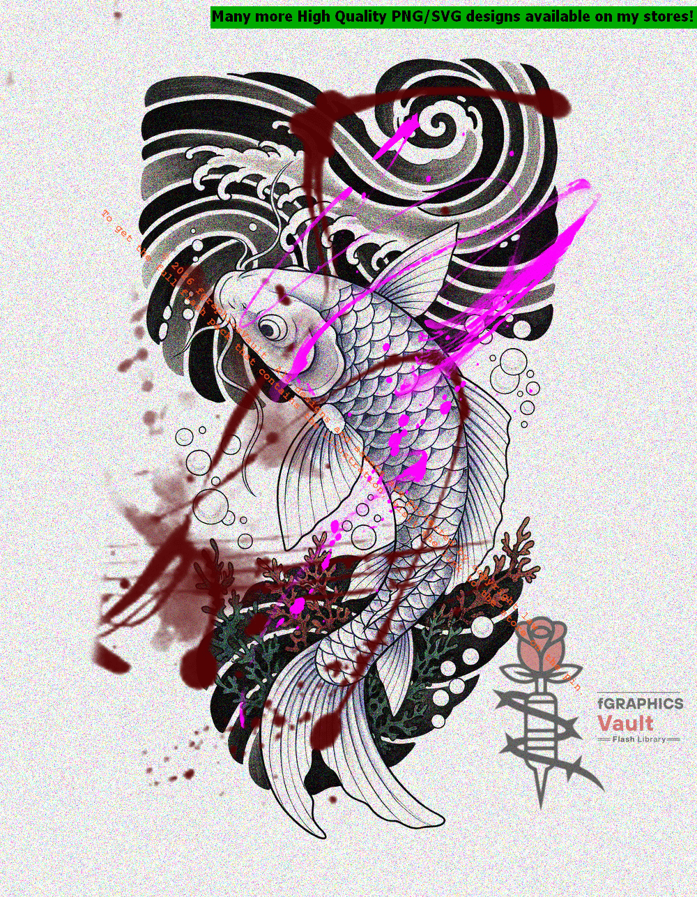 White Koi and Algae Irezumi tattoo flash artwork featuring Japanese koi fish, traditional irezumi composition, and high-resolution tattoo reference design.