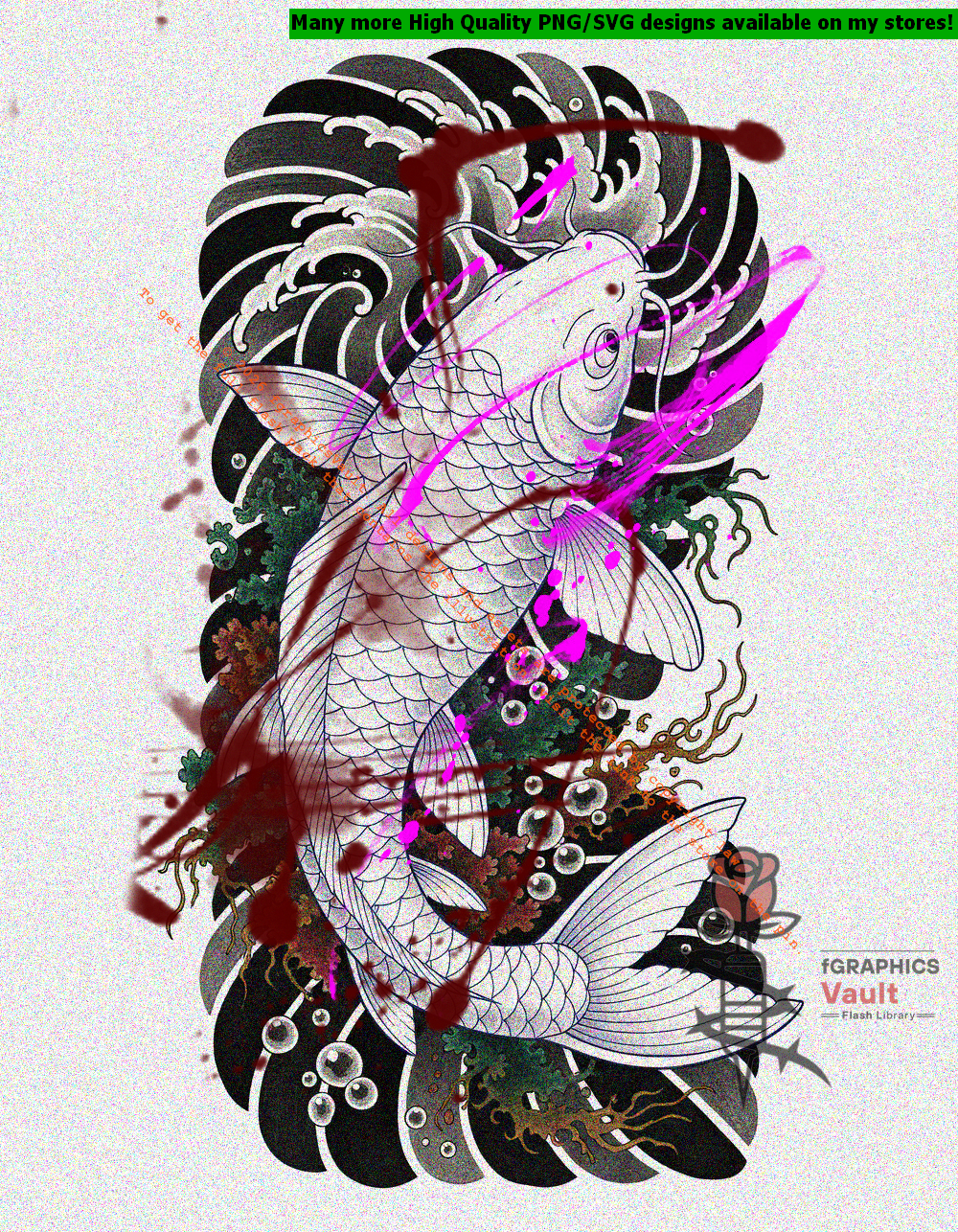 White Koi and Algae Irezumi tattoo flash artwork featuring Japanese koi fish, traditional irezumi composition, and high-resolution tattoo reference design.