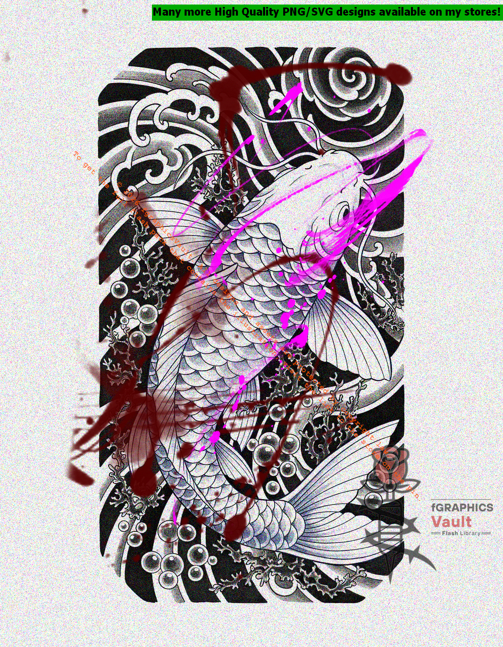 White Koi and Algae Irezumi tattoo flash artwork featuring Japanese koi fish, traditional irezumi composition, and high-resolution tattoo reference design.