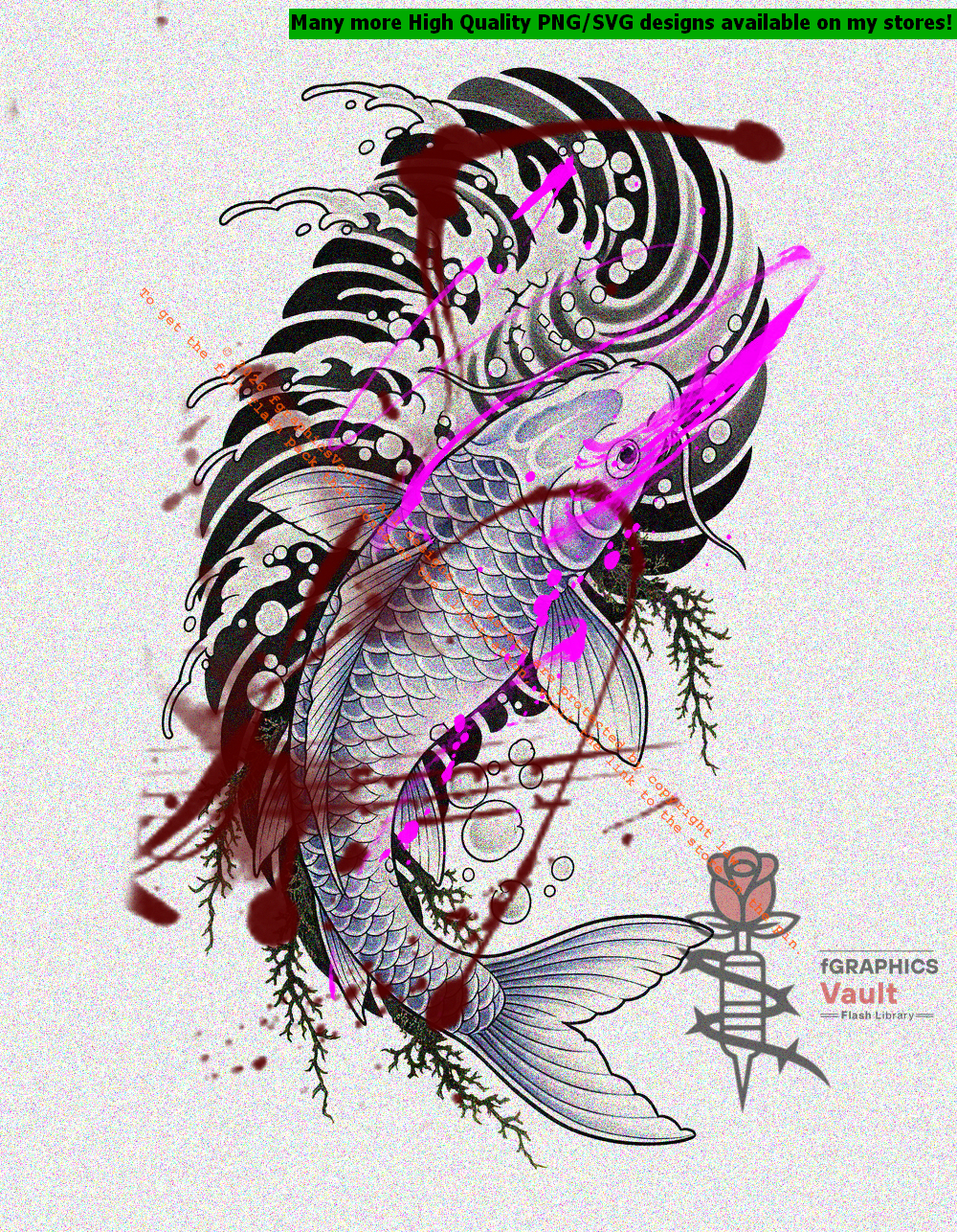 White Koi and Algae Irezumi tattoo flash artwork featuring Japanese koi fish, traditional irezumi composition, and high-resolution tattoo reference design.