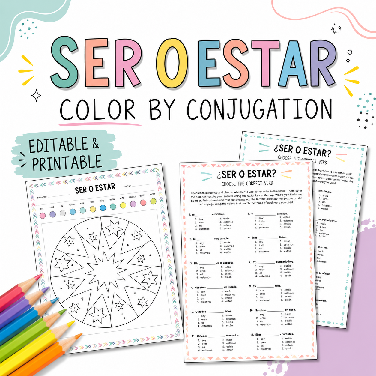 Editable Spanish Ser & Estar Color-by-Conjugation Worksheets | Sub Plans