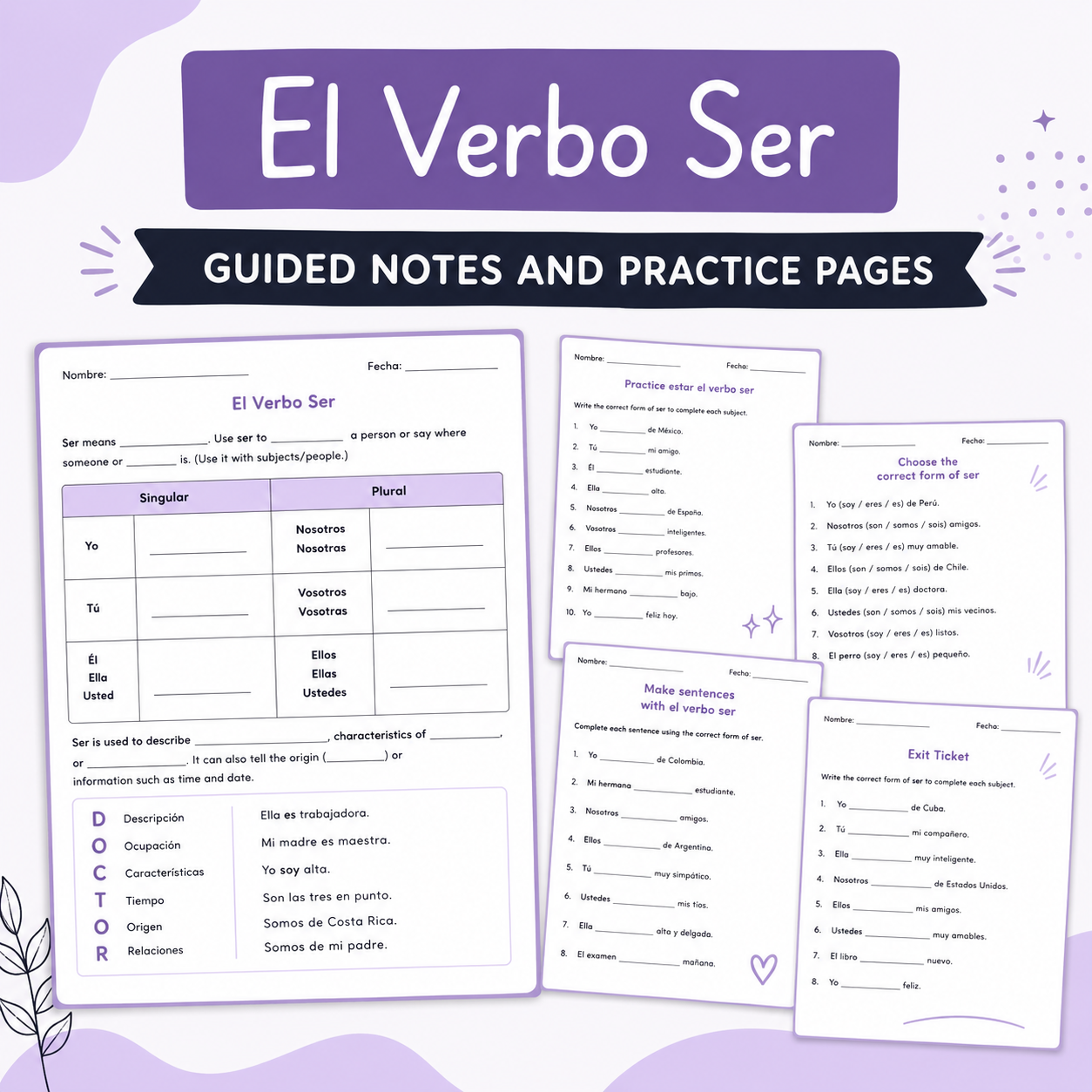 El Verbo Ser Guided Notes | Spanish Practice Pages