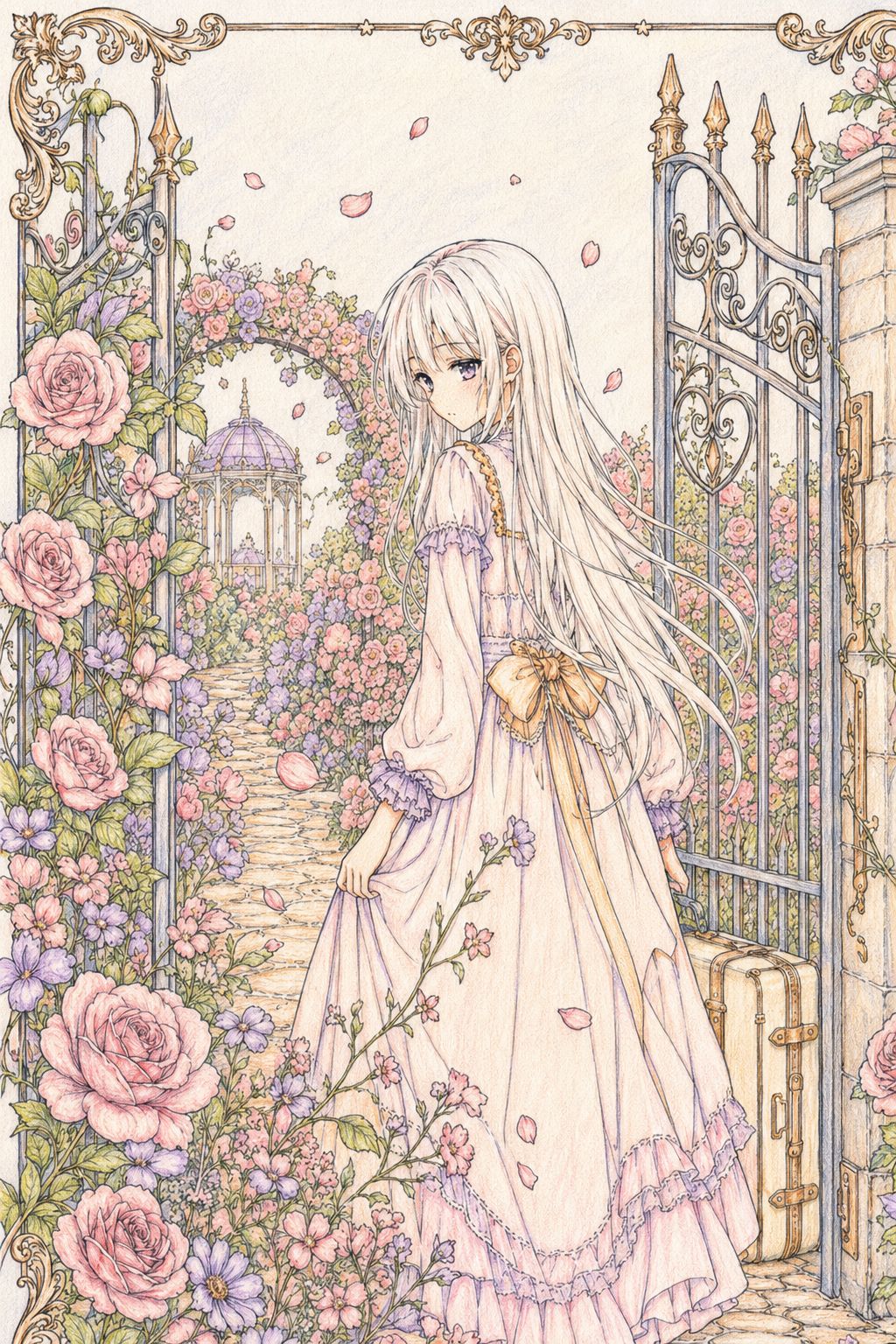 Softly colored anime-inspired girl in a romantic rose garden, framed by ornate gates, blooming flowers and falling petals from Feelings in Bloom adult coloring book.