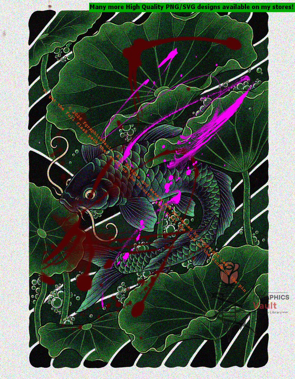Toxic Koi and Lotus Leaves tattoo flash artwork featuring Japanese koi fish, traditional lotus motifs, irezumi-inspired compositions, and high-resolution reference assets.