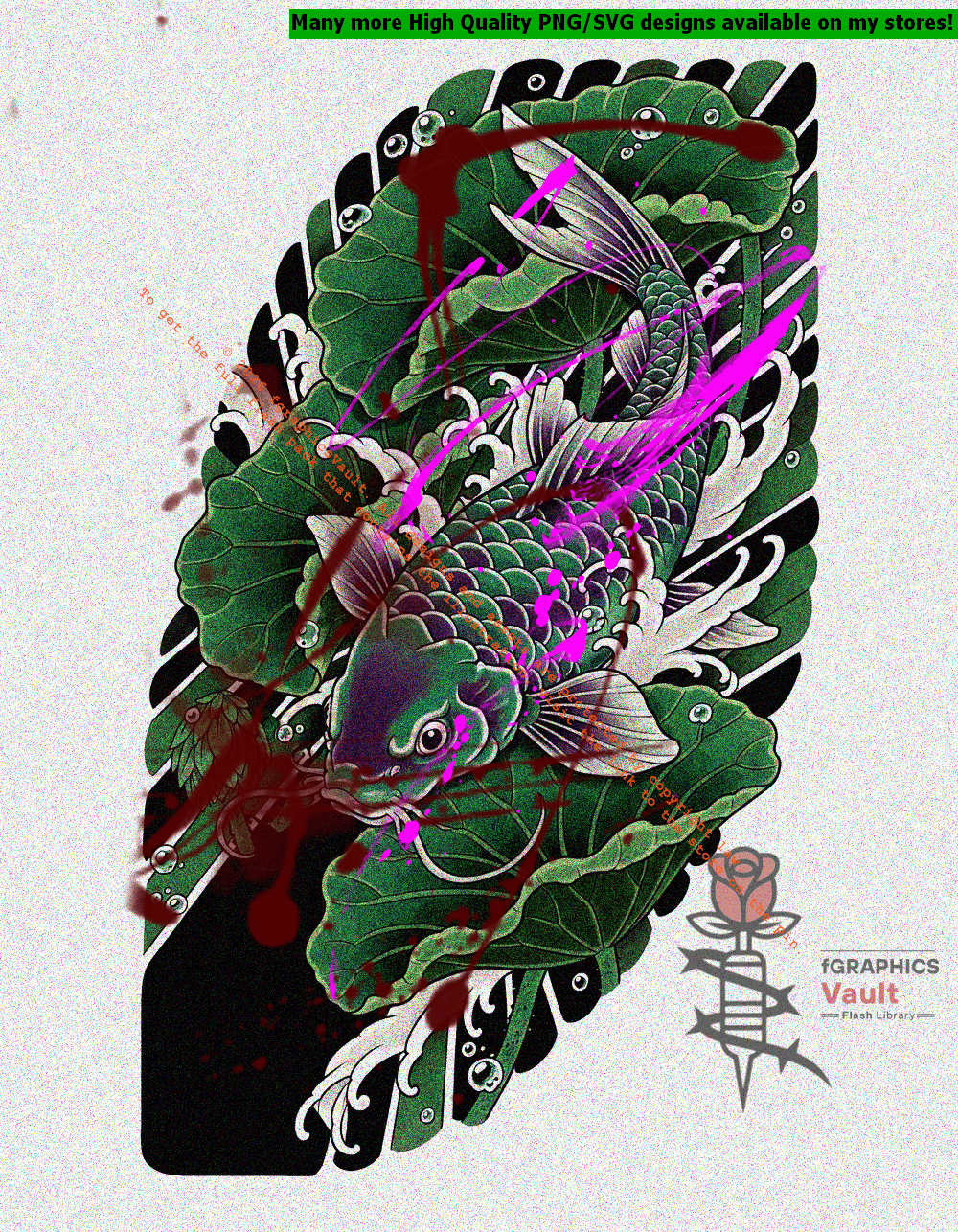 Toxic Koi and Lotus Leaves tattoo flash artwork featuring Japanese koi fish, traditional lotus motifs, irezumi-inspired compositions, and high-resolution reference assets.