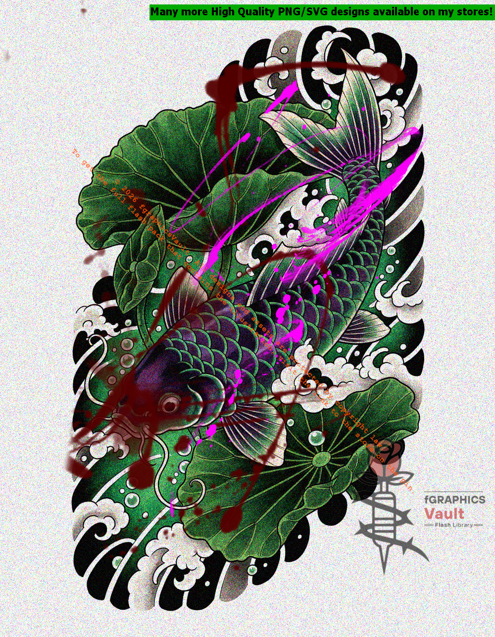 Toxic Koi and Lotus Leaves tattoo flash artwork featuring Japanese koi fish, traditional lotus motifs, irezumi-inspired compositions, and high-resolution reference assets.
