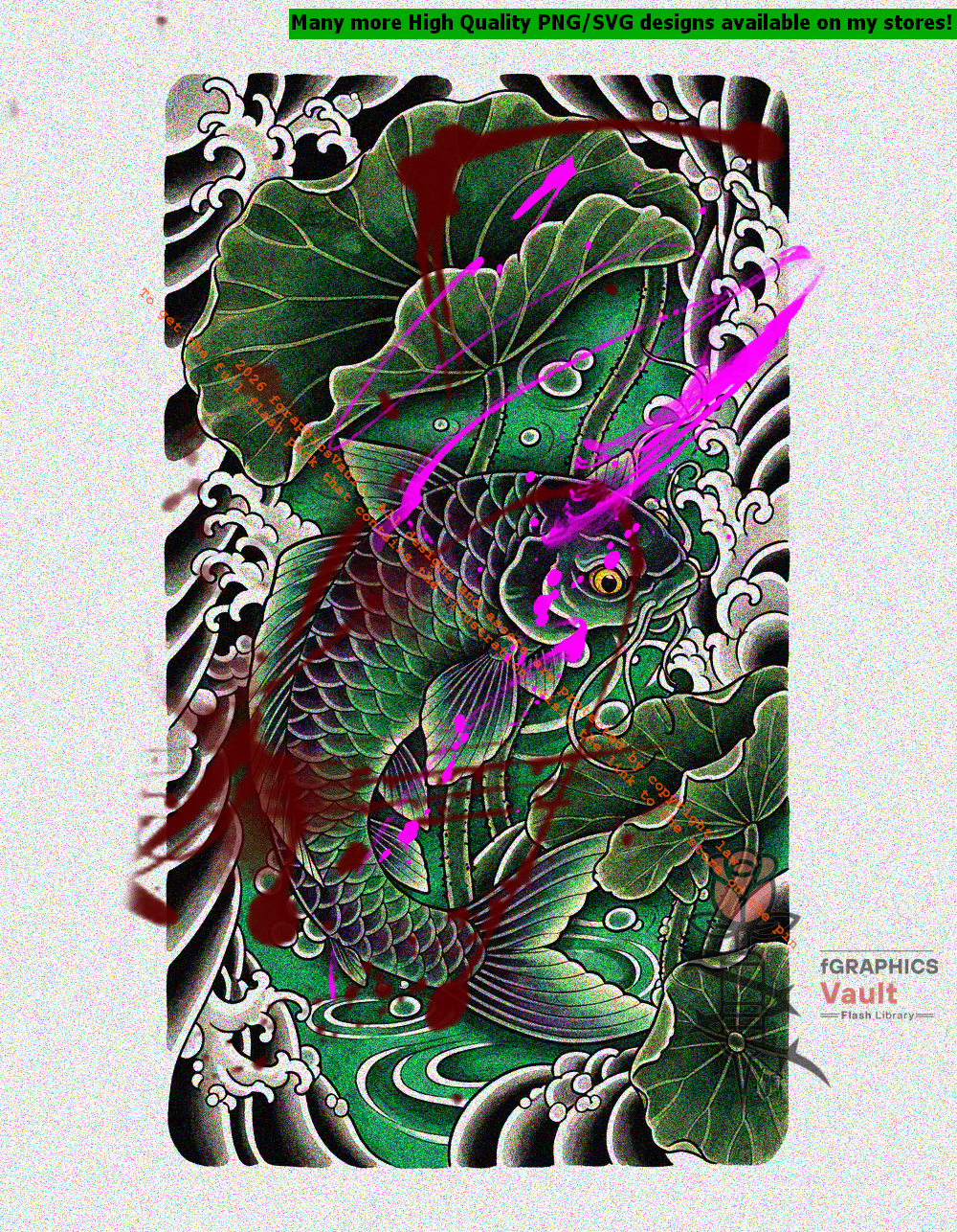 Toxic Koi and Lotus Leaves tattoo flash artwork featuring Japanese koi fish, traditional lotus motifs, irezumi-inspired compositions, and high-resolution reference assets.