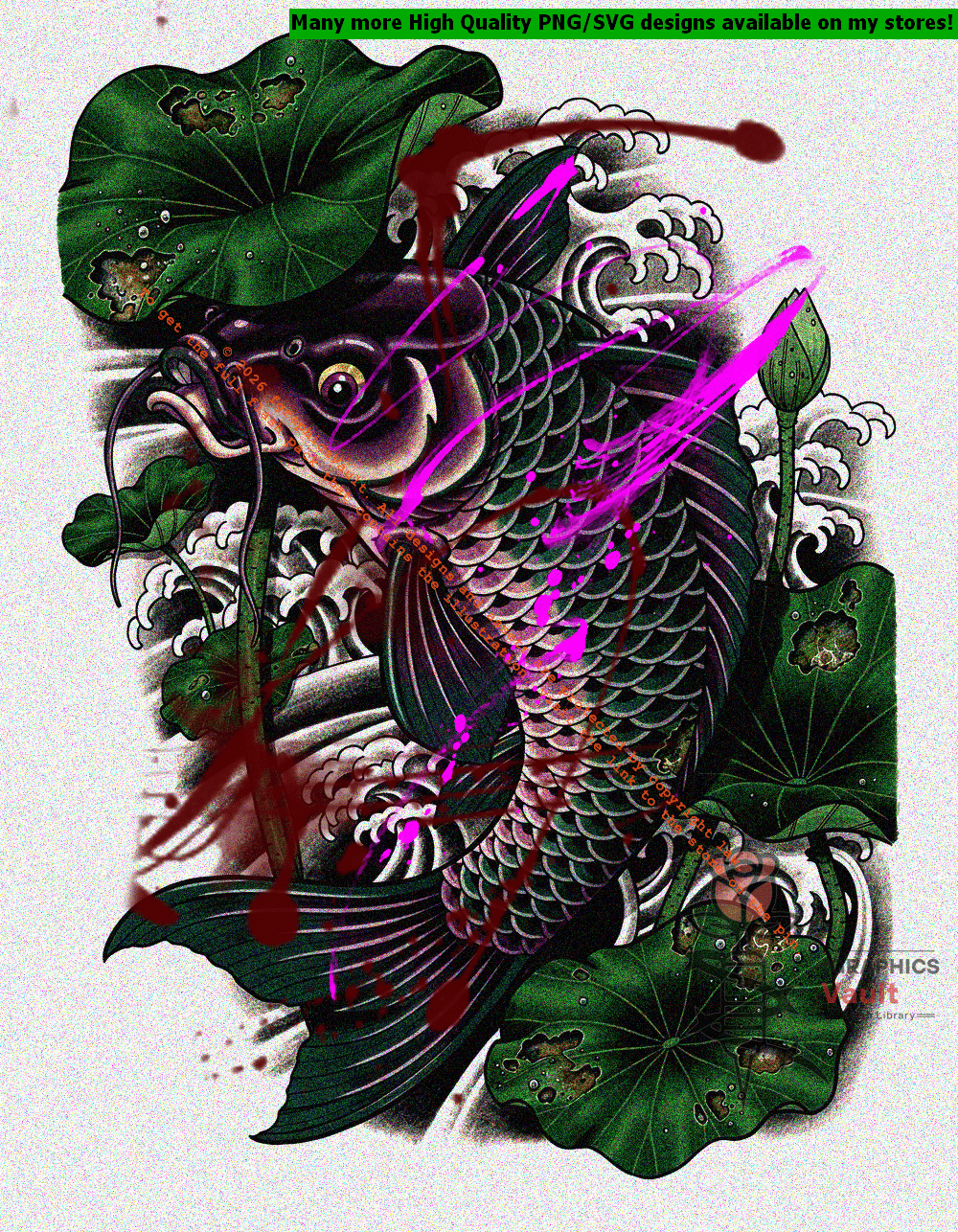 Toxic Koi and Lotus Leaves tattoo flash artwork featuring Japanese koi fish, traditional lotus motifs, irezumi-inspired compositions, and high-resolution reference assets.