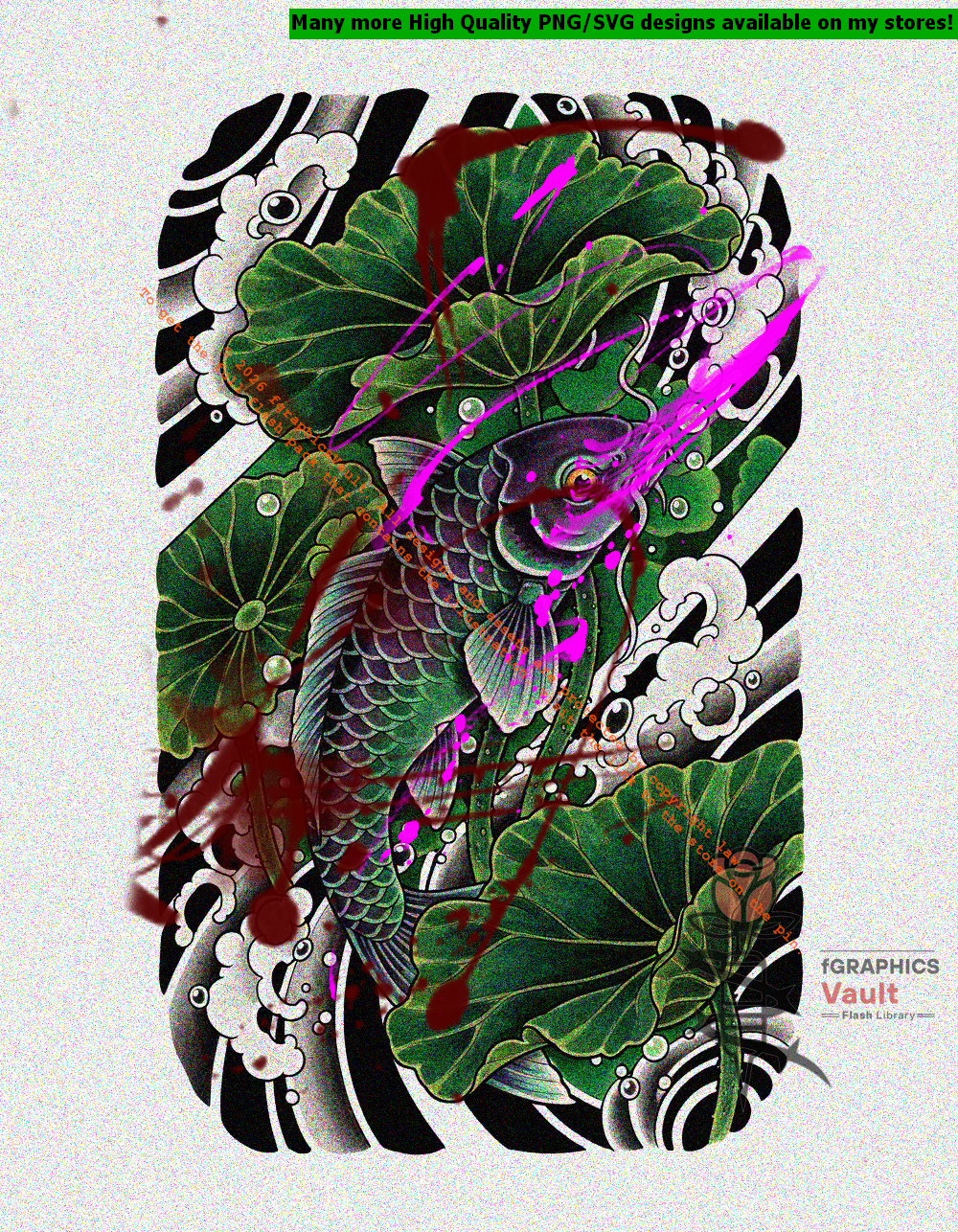 Toxic Koi and Lotus Leaves tattoo flash artwork featuring Japanese koi fish, traditional lotus motifs, irezumi-inspired compositions, and high-resolution reference assets.