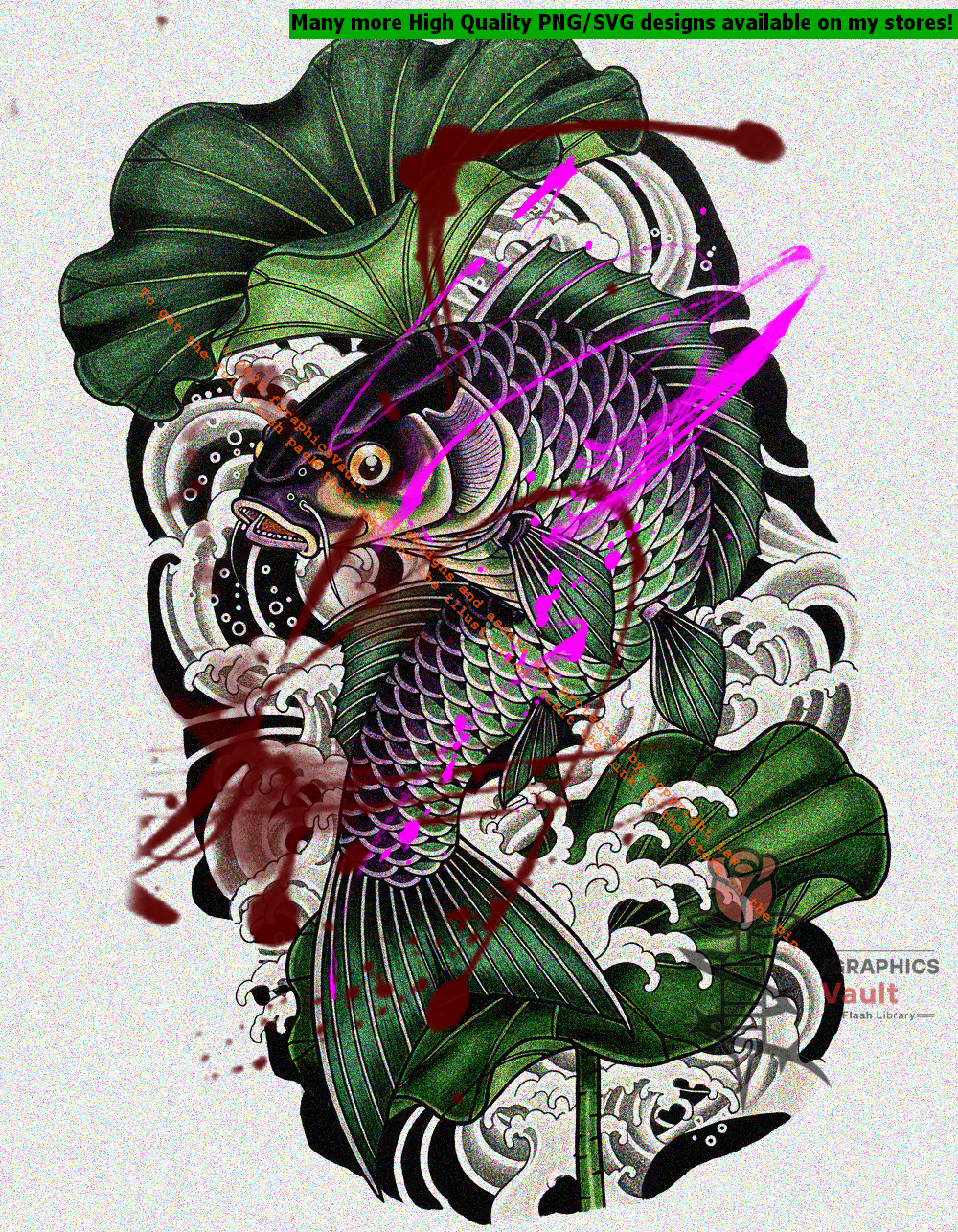 Toxic Koi and Lotus Leaves tattoo flash artwork featuring Japanese koi fish, traditional lotus motifs, irezumi-inspired compositions, and high-resolution reference assets.