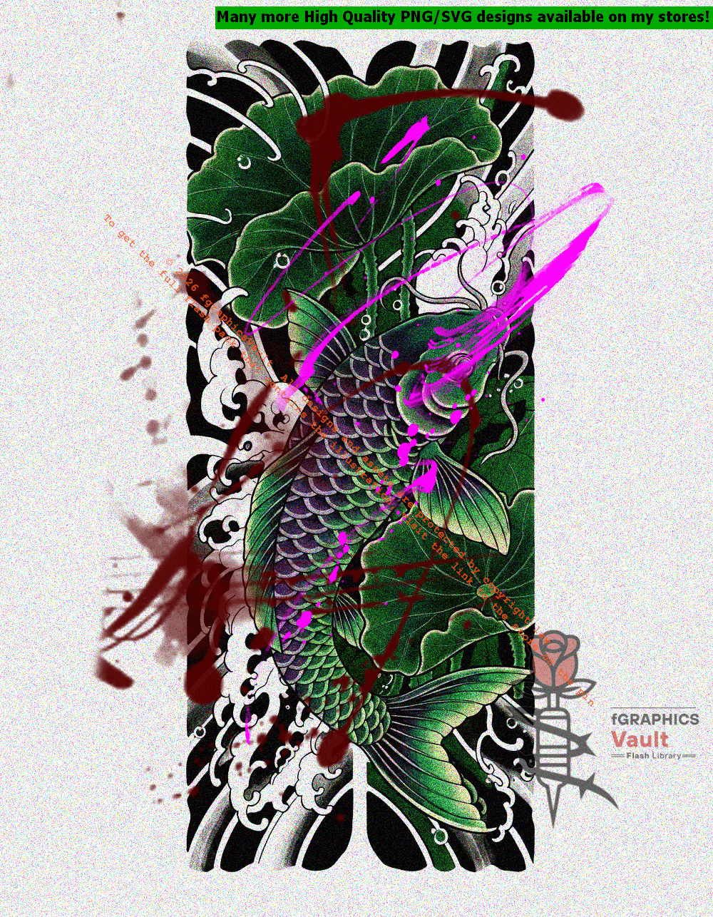 Toxic Koi and Lotus Leaves tattoo flash artwork featuring Japanese koi fish, traditional lotus motifs, irezumi-inspired compositions, and high-resolution reference assets.