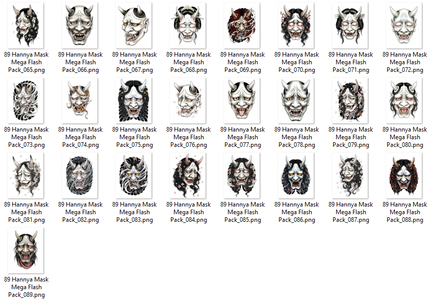 89 Hannya mask tattoo flash designs featuring traditional Japanese irezumi artwork, oni masks, yokai-inspired illustrations, and high-resolution tattoo reference sheets.