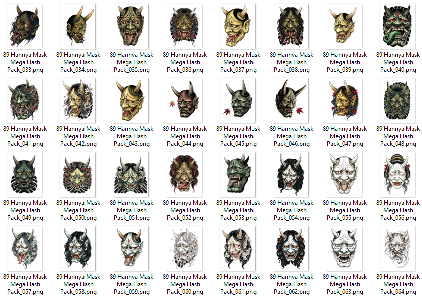 89 Hannya mask tattoo flash designs featuring traditional Japanese irezumi artwork, oni masks, yokai-inspired illustrations, and high-resolution tattoo reference sheets.