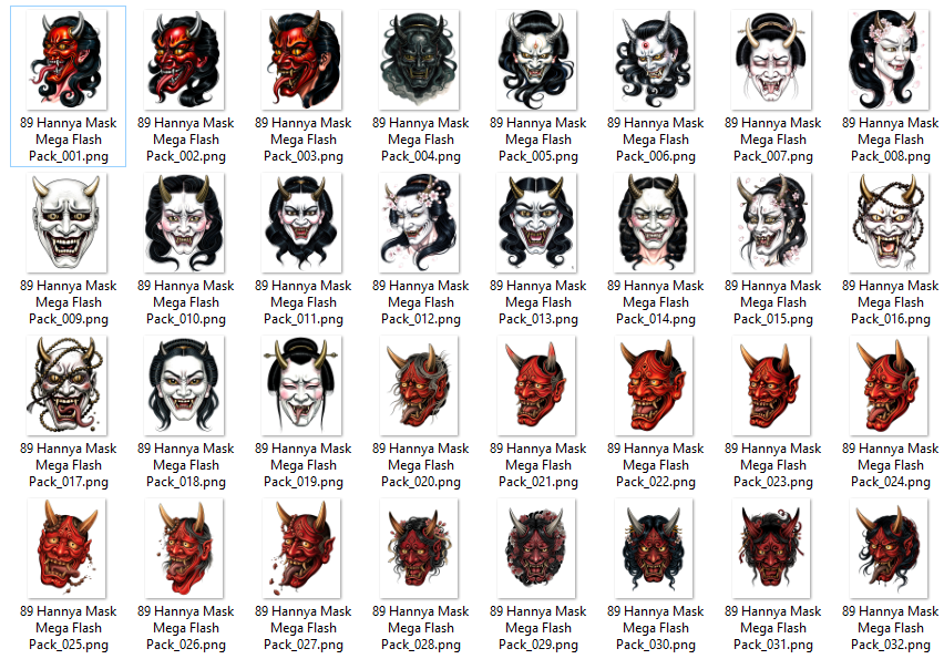 89 Hannya mask tattoo flash designs featuring traditional Japanese irezumi artwork, oni masks, yokai-inspired illustrations, and high-resolution tattoo reference sheets.