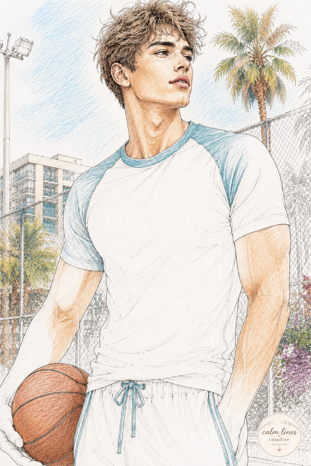 Partially colored coloring page of an athletic young man holding a basketball outdoors with palm trees in the background.