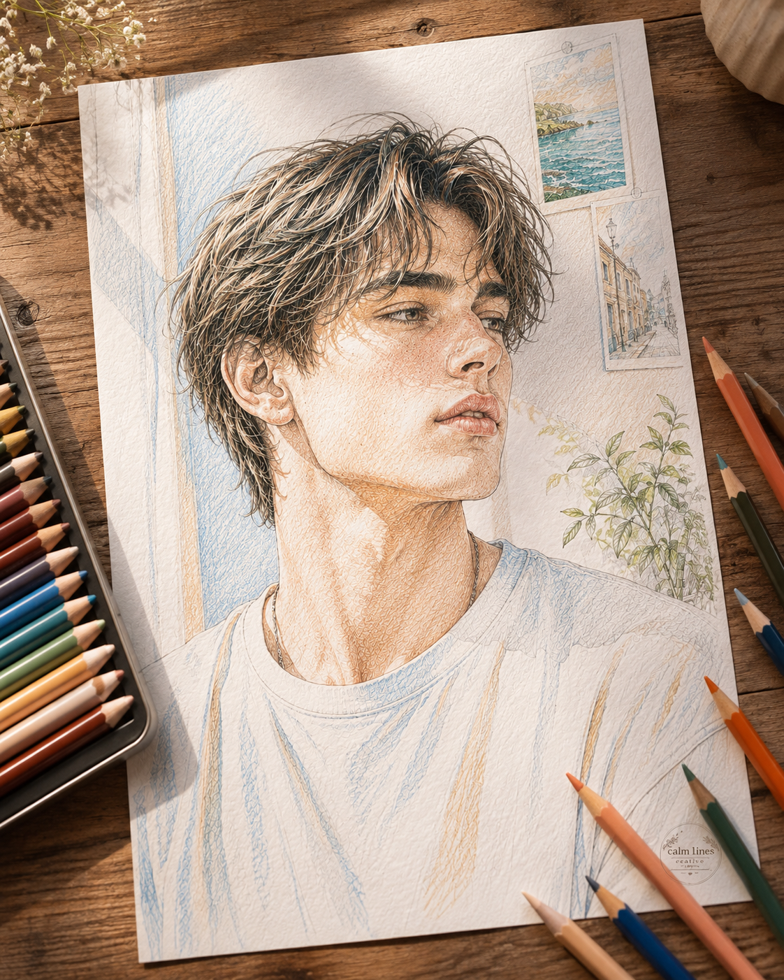Colored pencil coloring book mockup featuring a stylish young man portrait on a sketchbook page, surrounded by colored pencils.