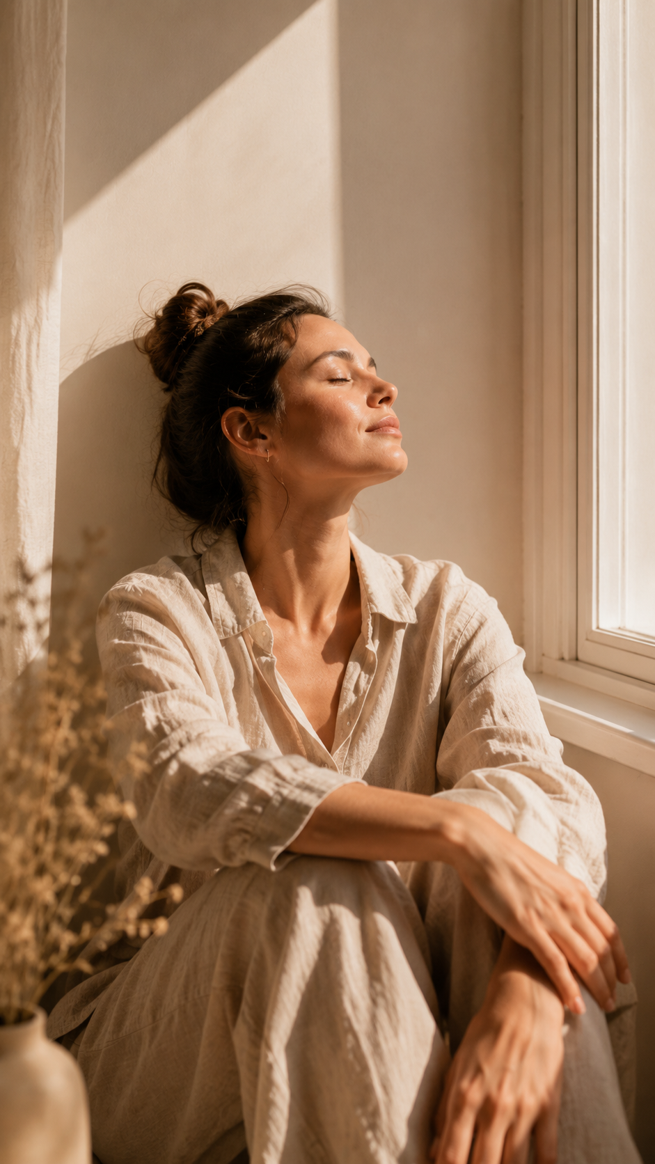 A mother resting by a window, calm and at peace.