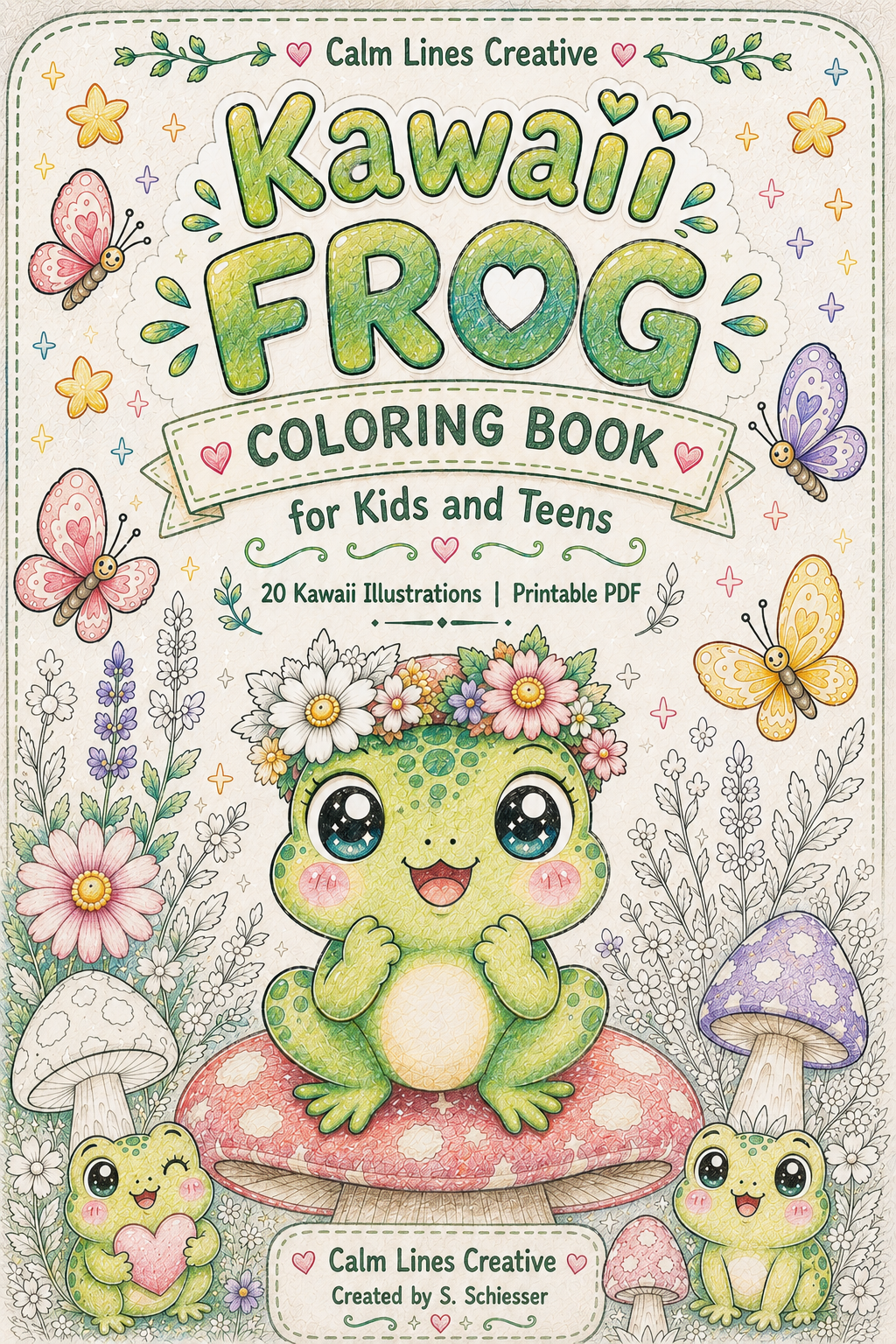 Kawaii Frog Coloring Book cover with a cute green frog, mushrooms, flowers and pastel forest details.