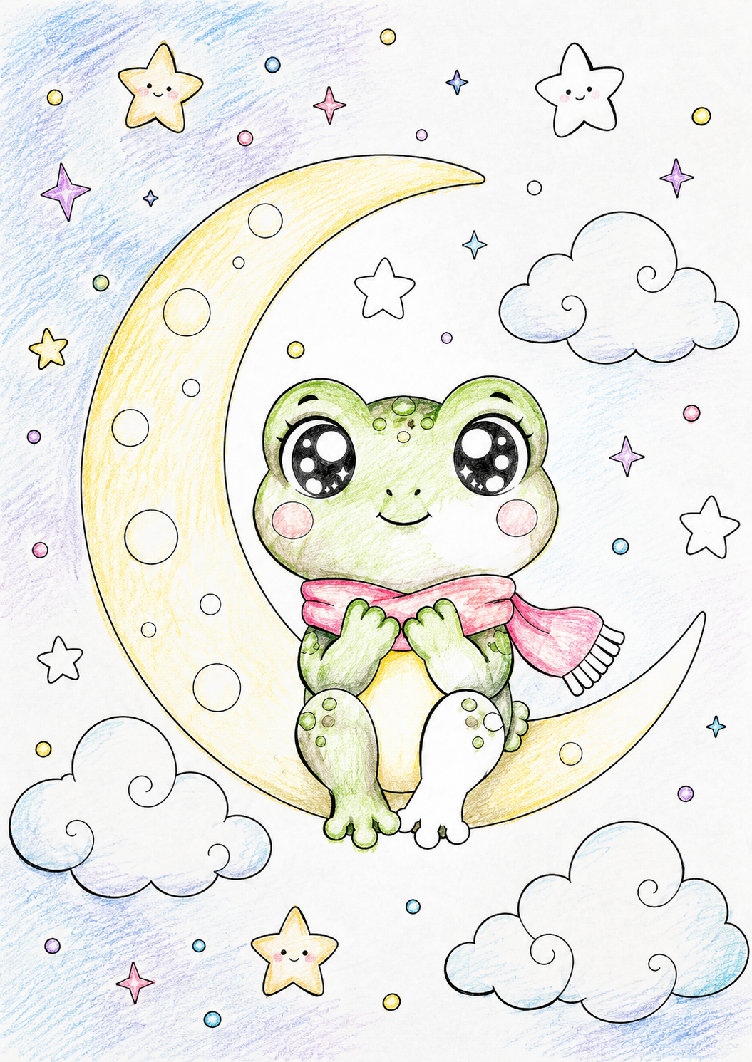 Kawaii frog coloring page featuring a cute green frog sitting on a crescent moon, with a pink bow, clouds, stars and sparkles, partly colored in soft pastel shades.