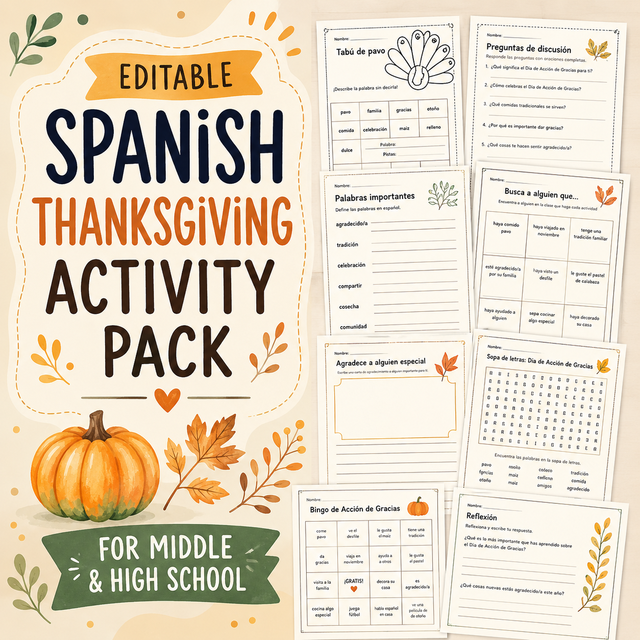 Spanish Thanksgiving Activity Pack | Middle & High School Activities