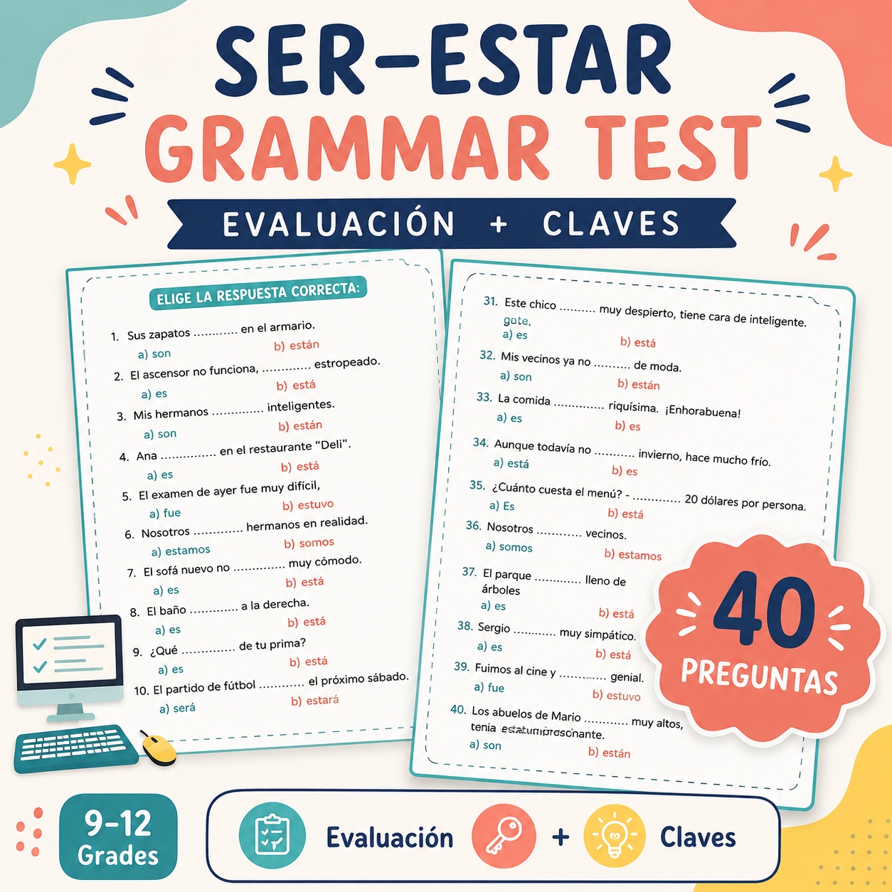 Spanish Ser vs. Estar Practice & Test | Print & Digital Quiz with Answer Keys