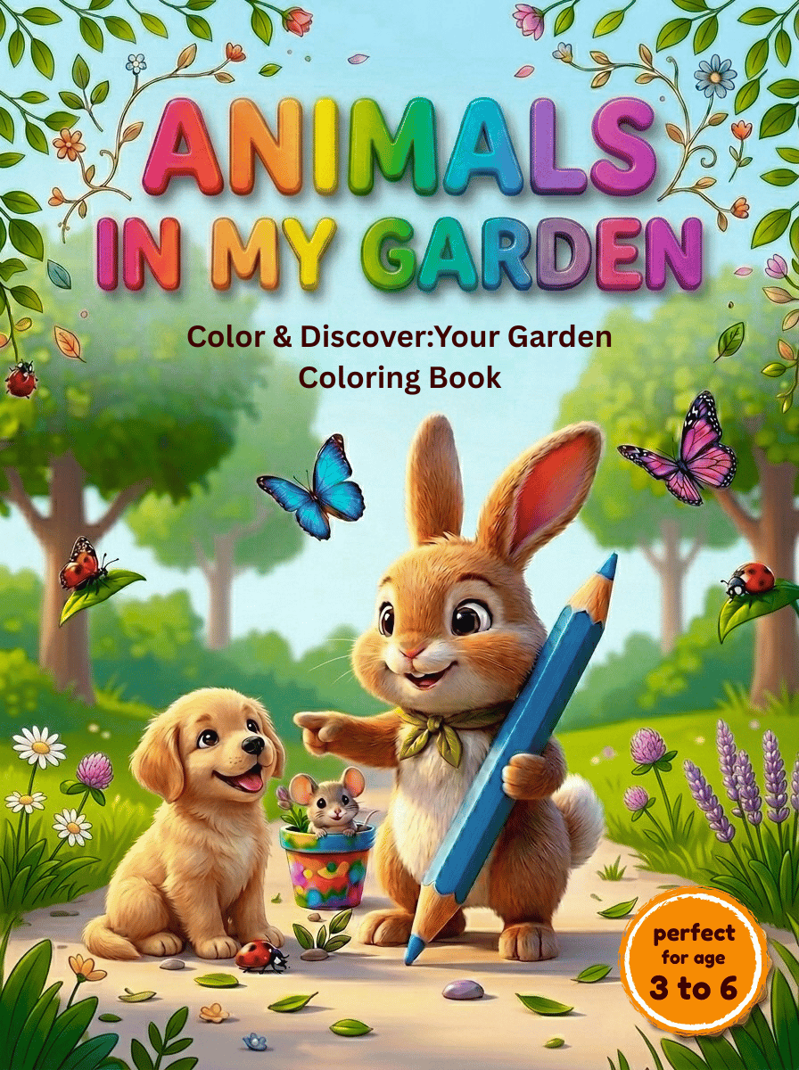 Colorful children's coloring book cover featuring a bunny, puppy, butterflies, flowers, and garden animals designed for kids ages 3–6.