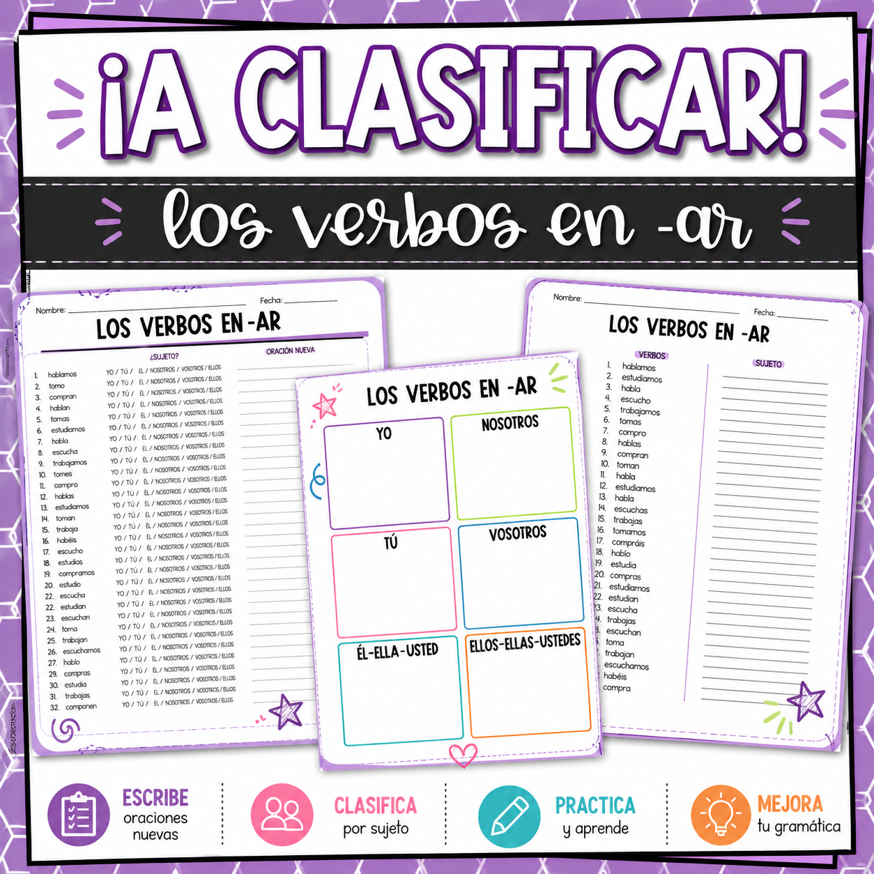 Present Tense -AR Verbs | Spanish Sorting Activity for Regular Verbs