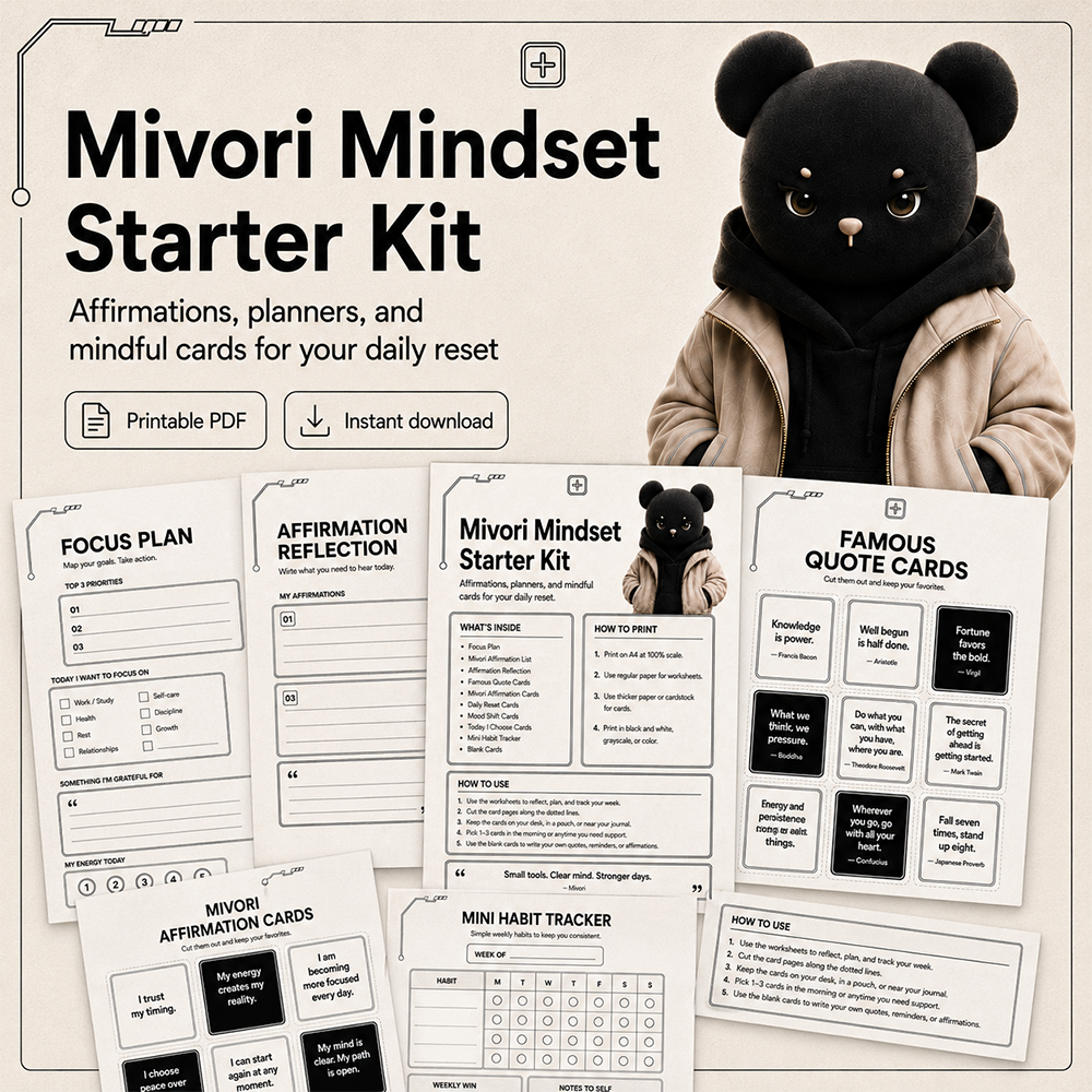 Mivori Mindset Starter Kit printable PDF with Mivi bear, focus planner, affirmation cards, quote cards, and mini habit tracker