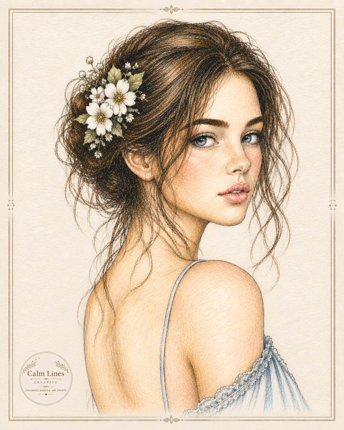 Softly colored example of a floral female portrait from the Bloom and Calm coloring book