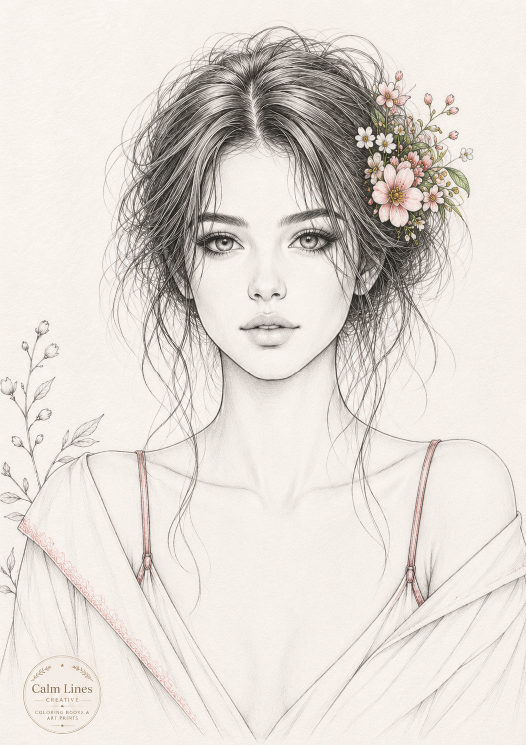 Floral line art portrait coloring page from Bloom and Calm, featuring an elegant woman with loose hair, delicate flowers and botanical details.
