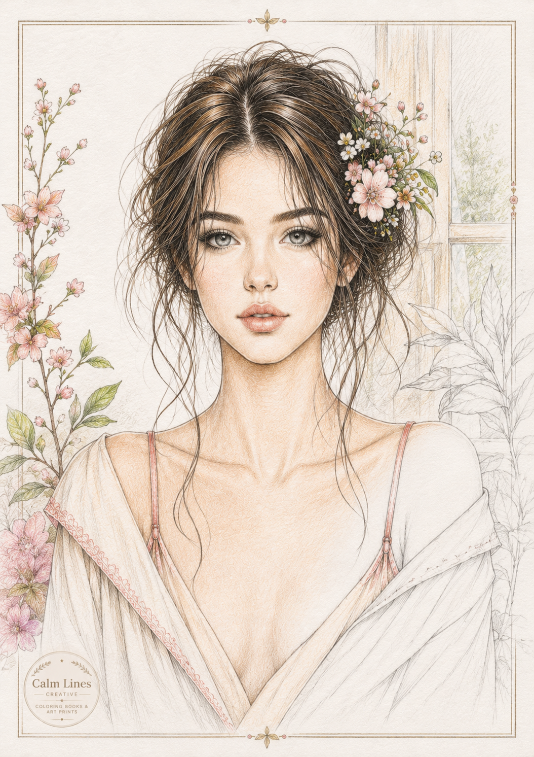 Colored example of a completed Bloom and Calm floral coloring page, showing how the black-and-white line art can be colored with soft pastel tones.