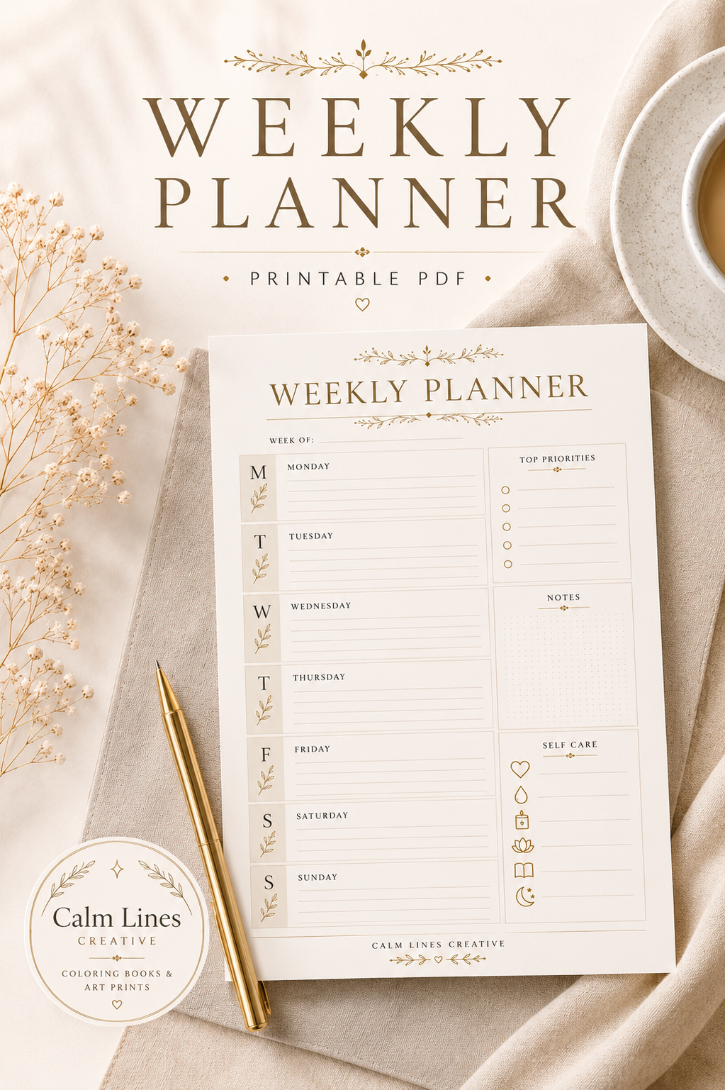 Printable minimalist weekly planner page with priorities, schedule and goals in A4 PDF format.