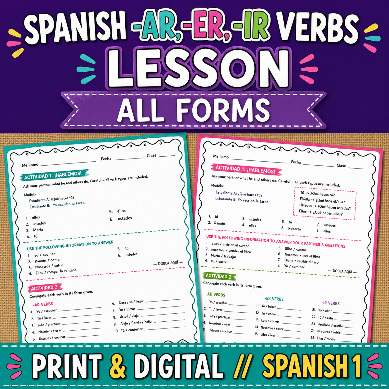 Spanish Present Tense Regular -AR, -ER, -IR Verbs | Lesson & Activities