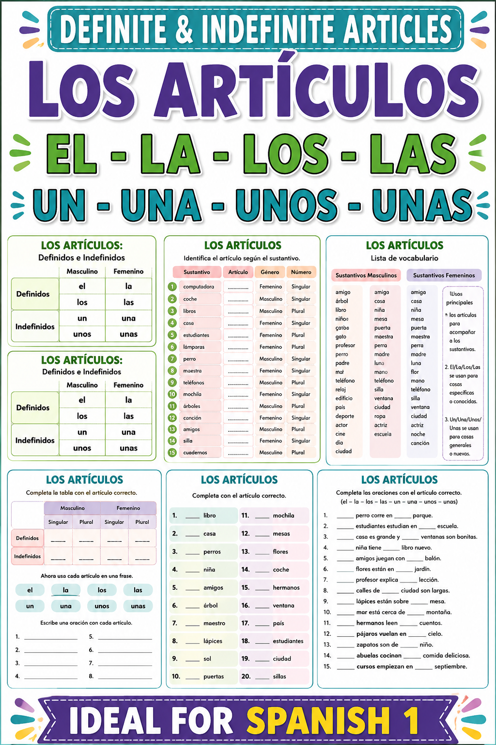 Spanish 1 Definite & Indefinite Articles | Worksheets & Practice Activities