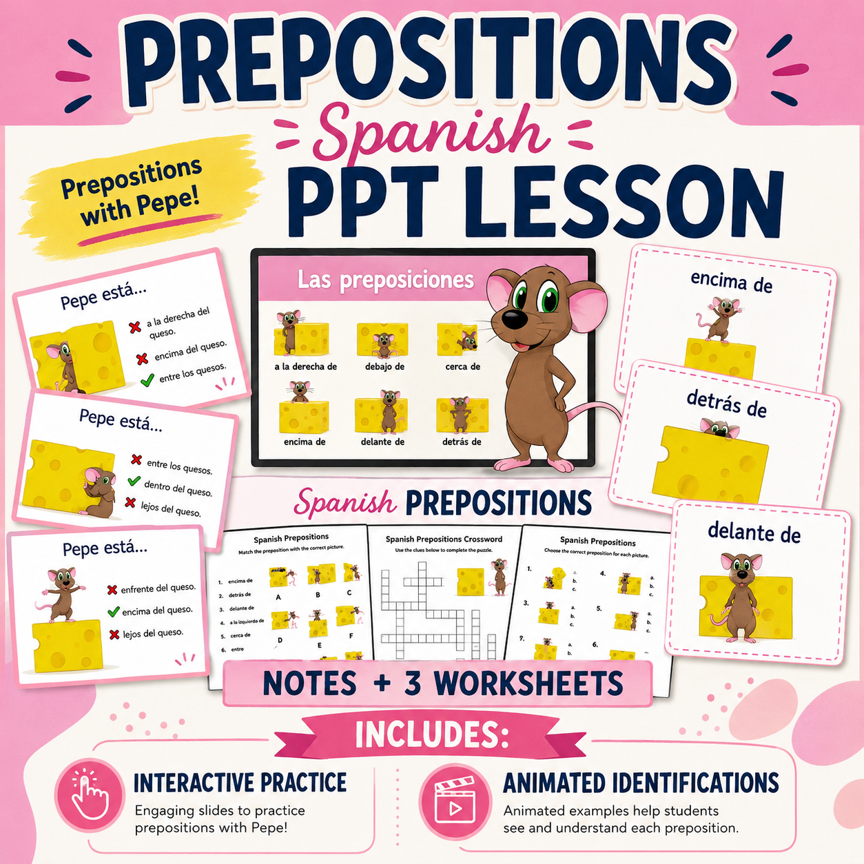 Spanish Prepositions with Pepe | PowerPoint Lesson & Practice Activities