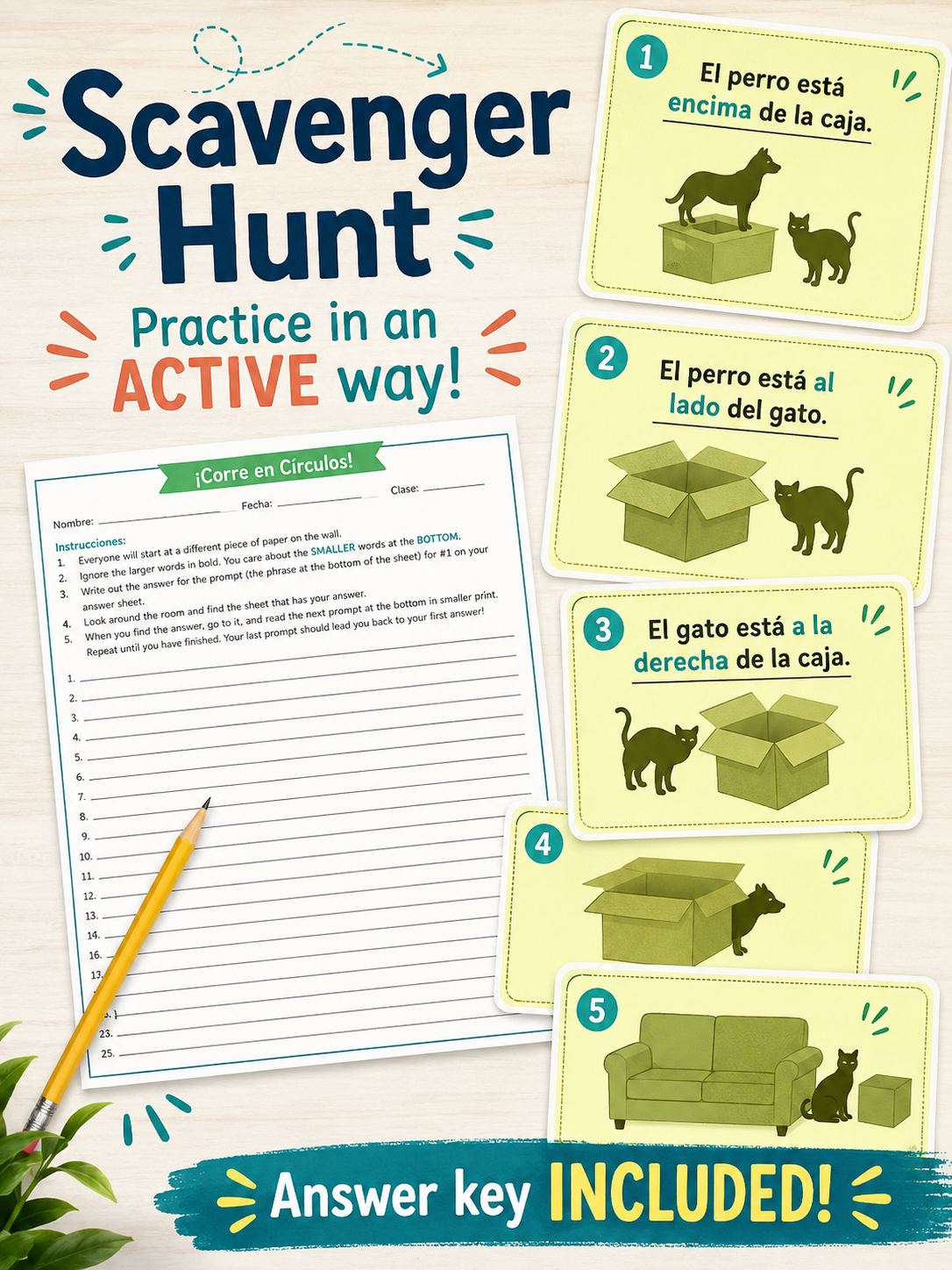 Preposiciones de Lugar | Spanish 1 Prepositions of Location Scavenger Hunt Review