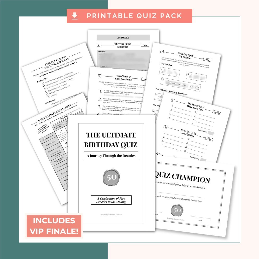 A bundle mockup of printed sheets for a 50th birthday party game titled "The Ultimate Birthday Quiz: A Journey Through the Decades". The display includes round sheets like "Growing Up in the Eighties", an answer key and a "Quiz Champion" certificate, with coral badges reading "Printable Quiz Pack" and "Includes VIP Finale!".