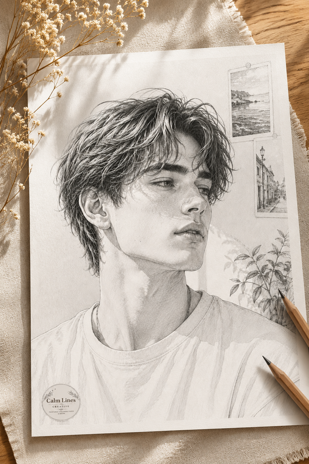 Grayscale coloring book mockup featuring a detailed portrait of a stylish young man on a sketchbook page with colored pencils.