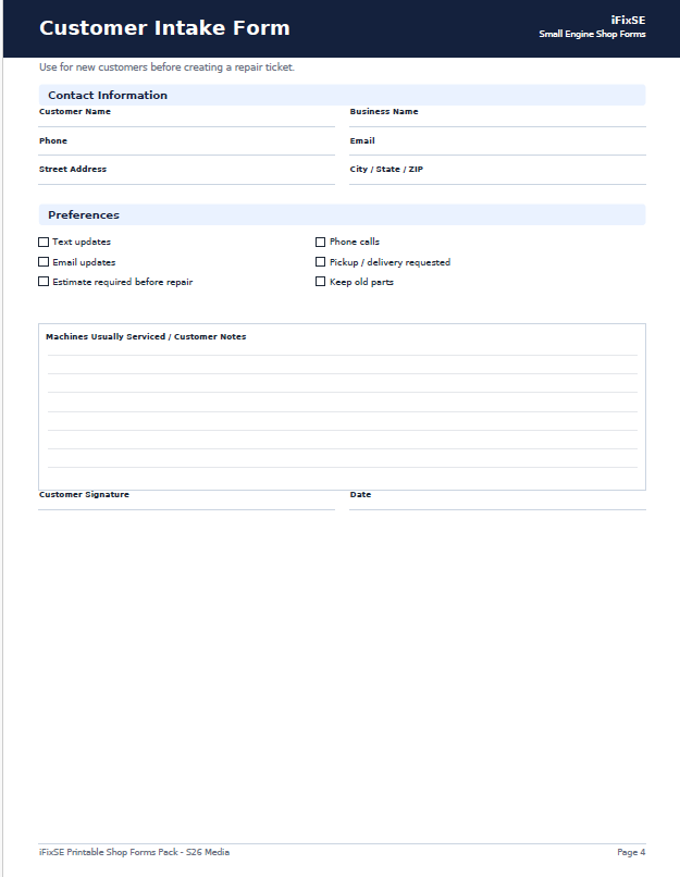 Printable Small Engine Repair Shop Forms